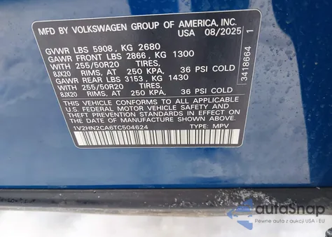 2026 Volkswagen Atlas Se With Technology z USA, uszkodzony, nr VIN 1V2HN2CA6TC504624